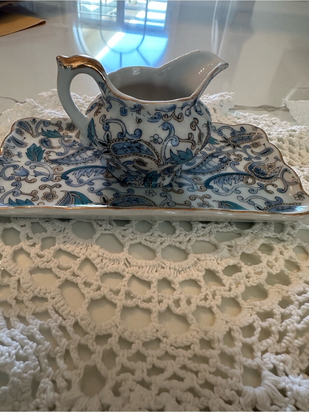 Vintage Lefton China Trinket dish& mini pitcher  Blue Paisley Design